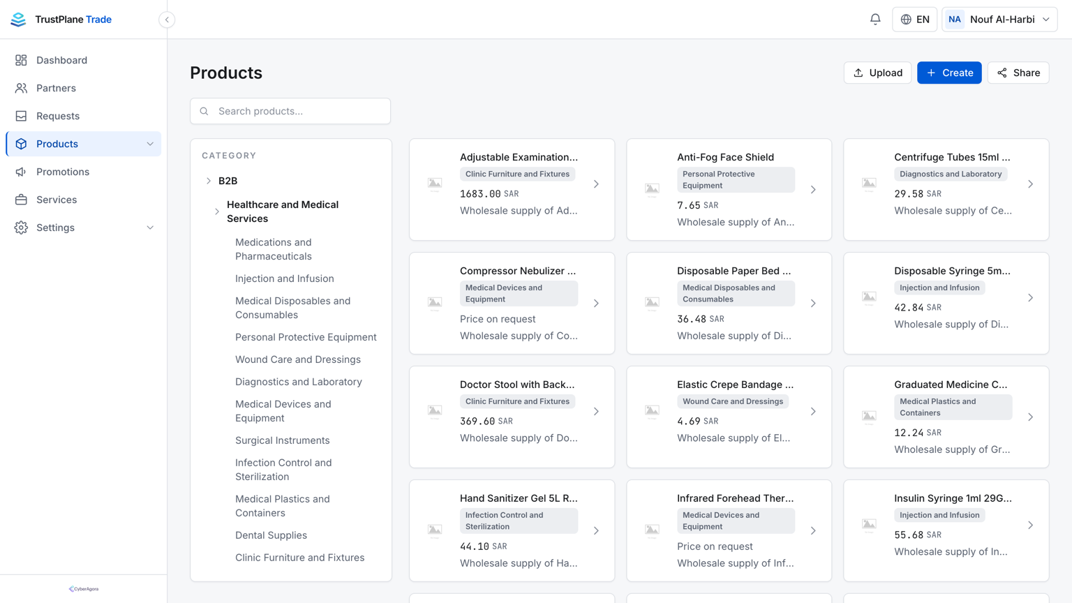 The TrustPlane Trade product catalog screen